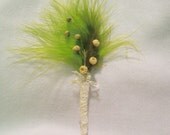 Flaxed n Feathered Boutonniere - flax, chartreuse and olive green feather, and lace groom or groomsman boutonniere