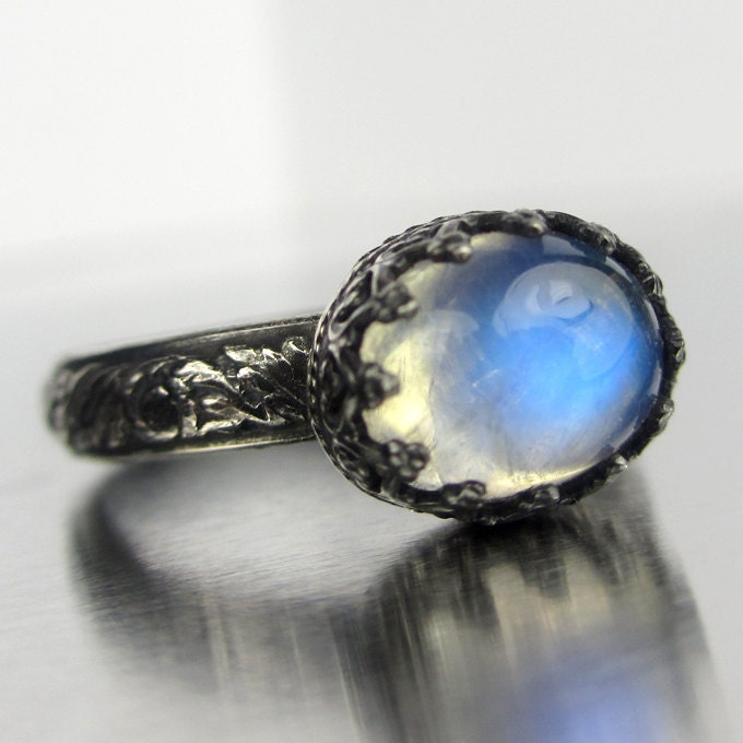 Blue Flash Rainbow Moonstone Ring Sterling Silver