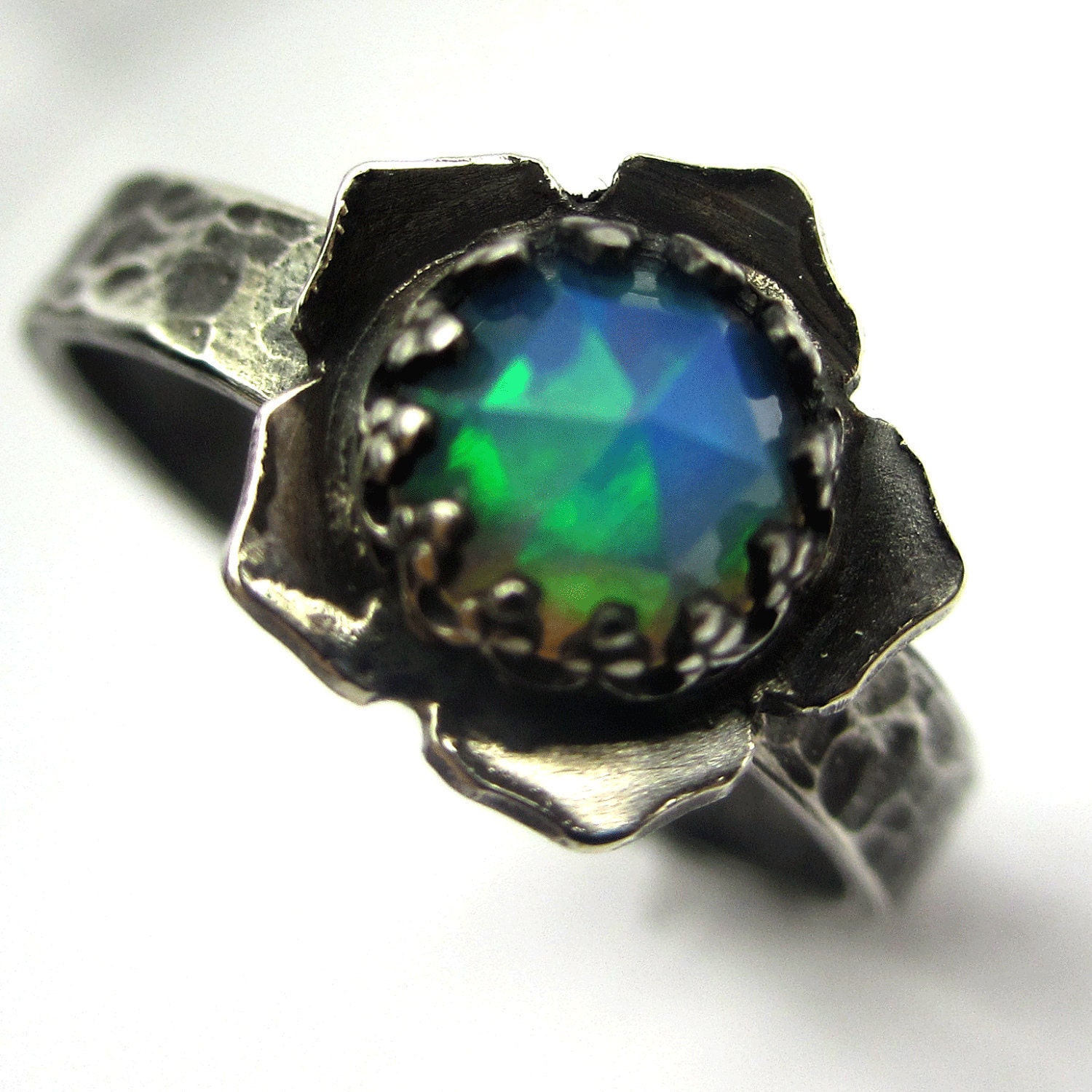 Natural Solid Rose Cut Opal Lotus Ring Sterling Silver