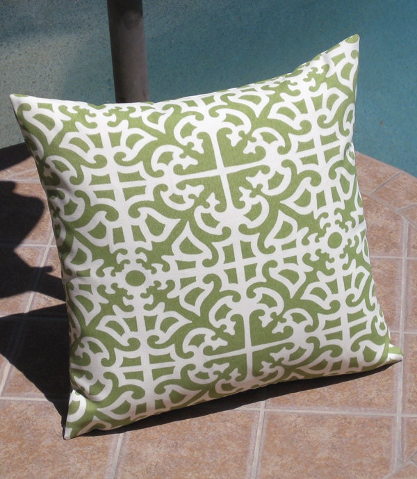 Outdoor Apple Green and Ivory Parterre Throw Pillow Cover - 16 inch