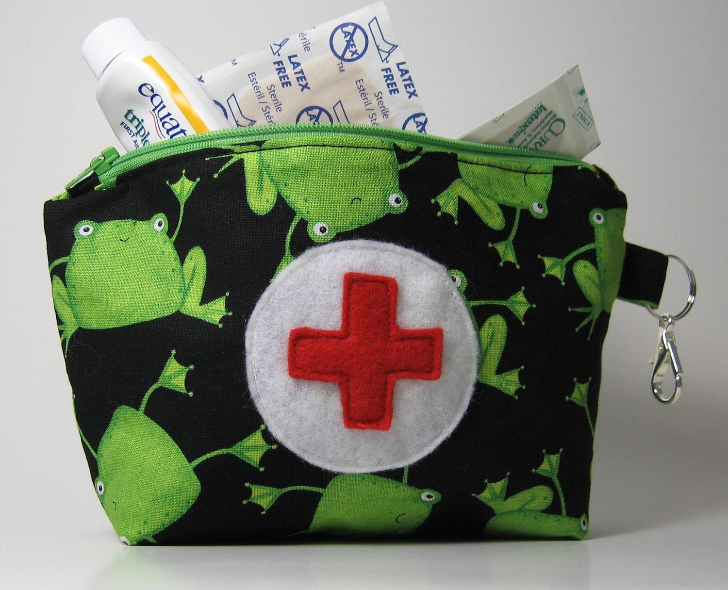 Happy Frogs black green lime cotton fabric First Aid Pouch