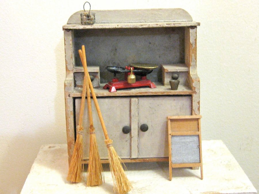 Doll House Miniature Hutch or Dresser Plus Accessories for Miniature Room or Doll House Furniture Farmhouse Vintage
