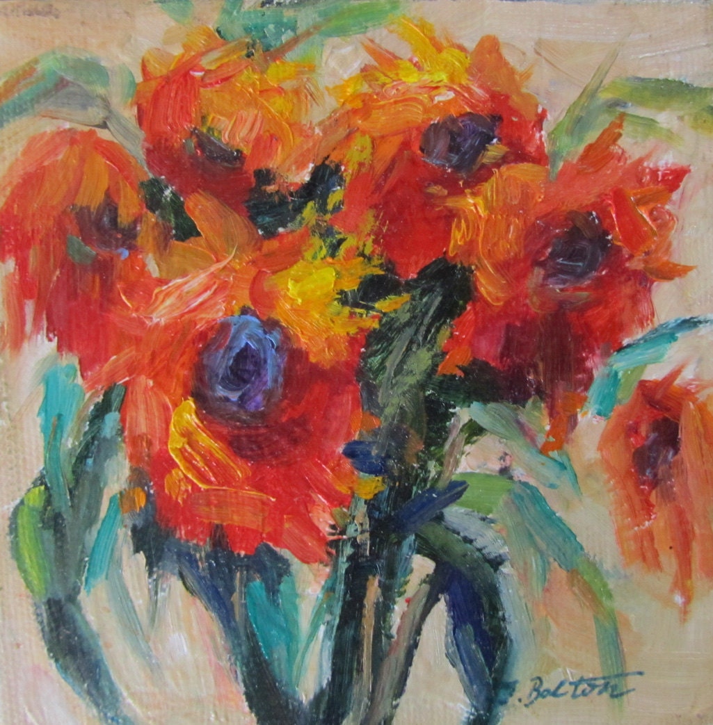 Sunflowers, Sunflower Painting, Original Oil Painting, Mini Painting, Yellow, Orange, Red, Green, stretched canvas, 5"x5", Gift Item