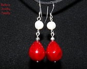 Genuine White Round Freshwater Pearls And Red Teardrop Shell Pearls Dangle On Sterling Silver French Hook Handmade Earrings Jewelry