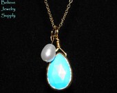 TURQUOISE Natural Blue Faceted Teardrop Genuine Gemstone Pendant And White Freshwater Pearl Charm On 16 Inch Gold Necklace Handmade Jewelry