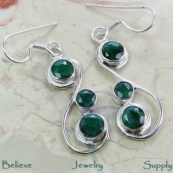 REAL EMERALD Genuine Precious Gemstone Green Round Swirled Dangle Earrings Handmade Jewelry With Sterling Silver Metals
