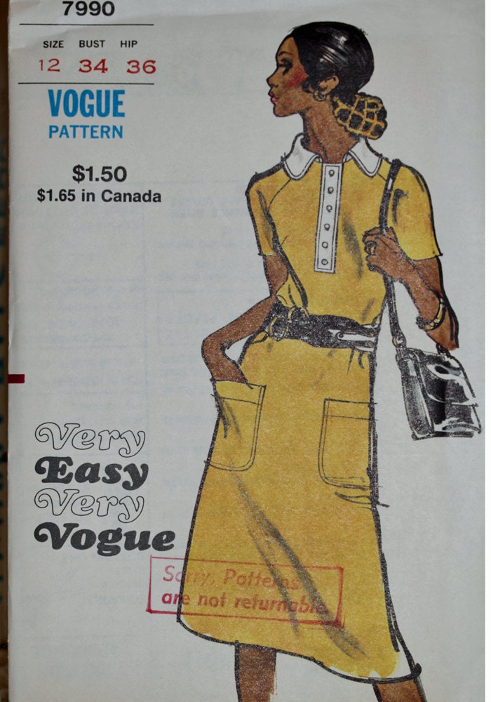 Size 12 UNCUT Vintage Vogue 7990 Very Easy Semi FItted A LIne Dress Below Knee Collar Short Raglan Sleeves Patch Pockets Sewing Pattern