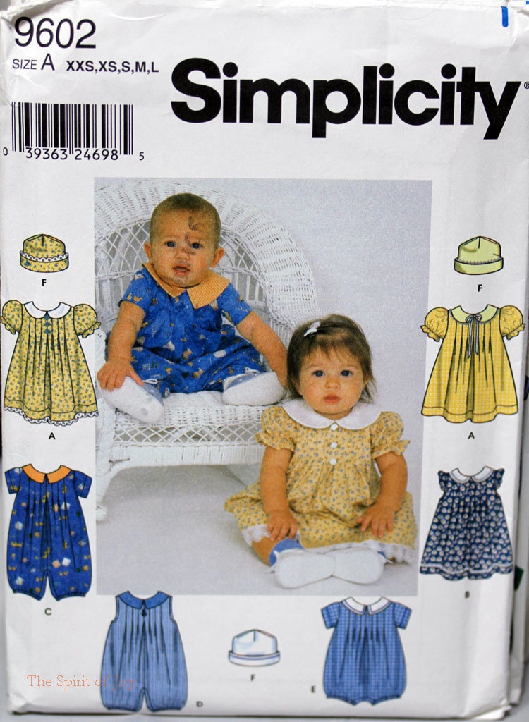 Uncut Simplicity 9602 Size XXS SX S M L Romper, Special Occasion Dress, Hat Puff Sleeves Baby Toddler Girls Infant Sewing Pattern