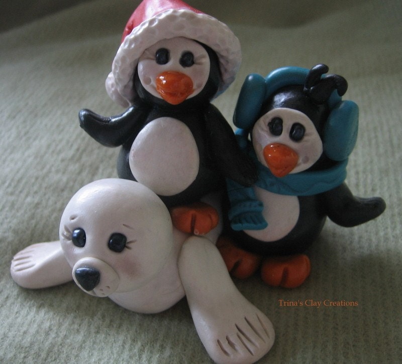 Polymer Clay Penguins with Seal - trinasclaycreations