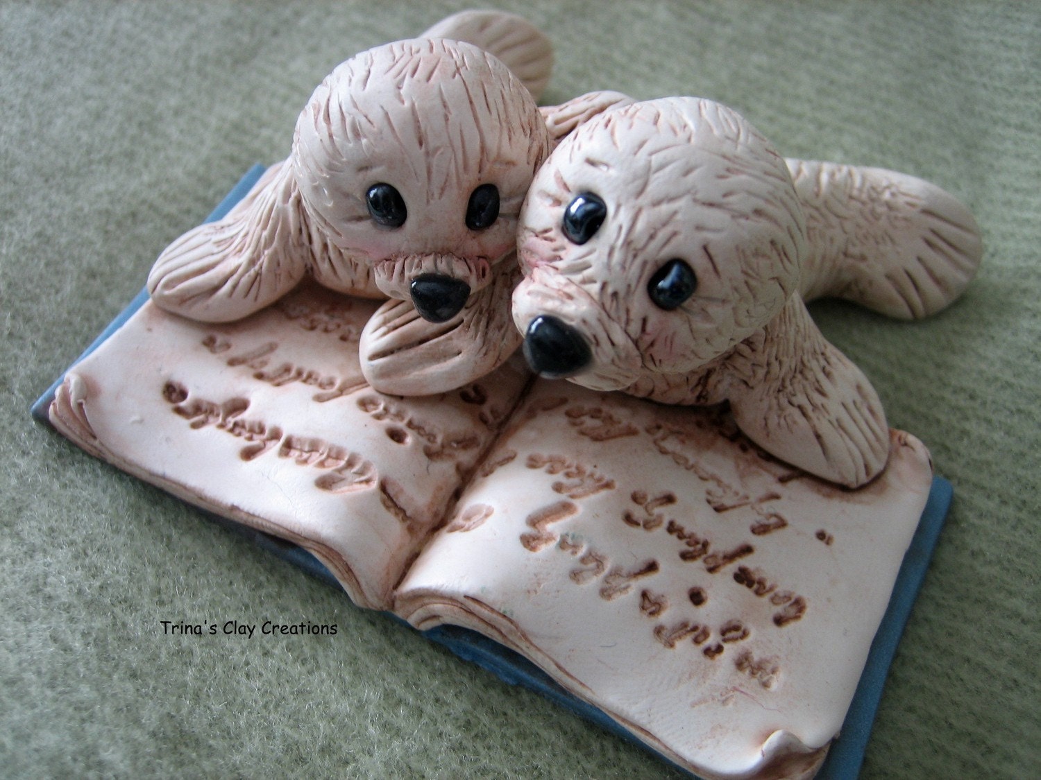Polymer Clay - Two Little Seals Reading A Book - trinasclaycreations