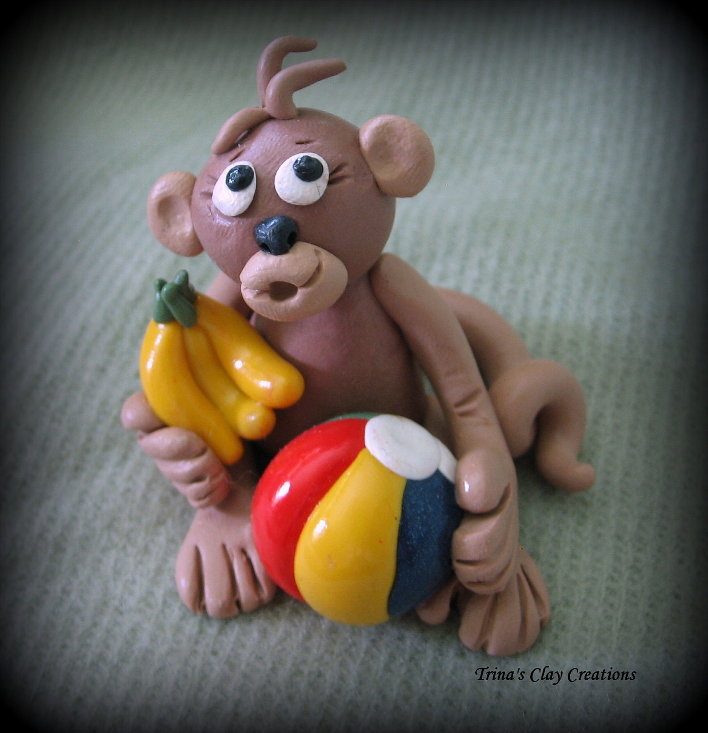 Polymer Clay Monkey With Bananas and Beach Ball - trinasclaycreations