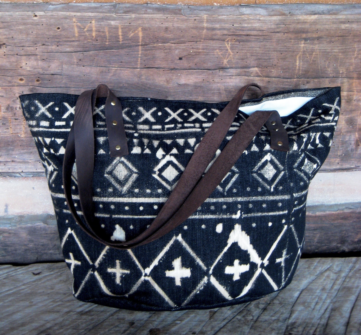 Canvas, Leather, and Denim Market Tote // Beach Bag with Tribal Geometric Print
