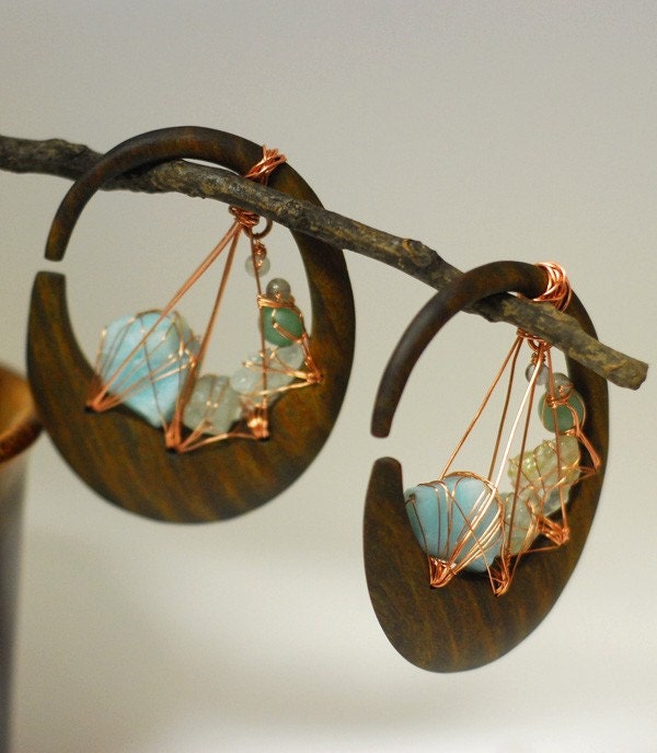 Custom Listing for M------ OCEAN-WAVES 4g Wood Metal and Stone Earrings Plugs SOLD