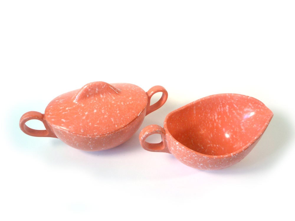 Vintage cream and sugar set - speckled coral melamine