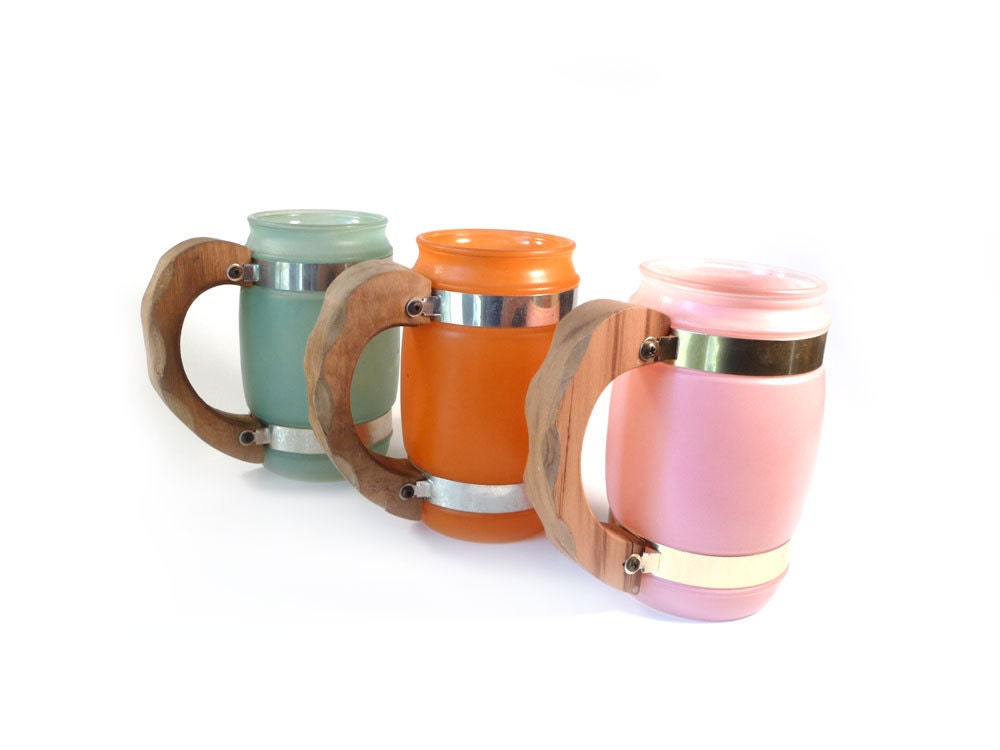 Vintage barrel mugs - pink orange and green frosted glasses