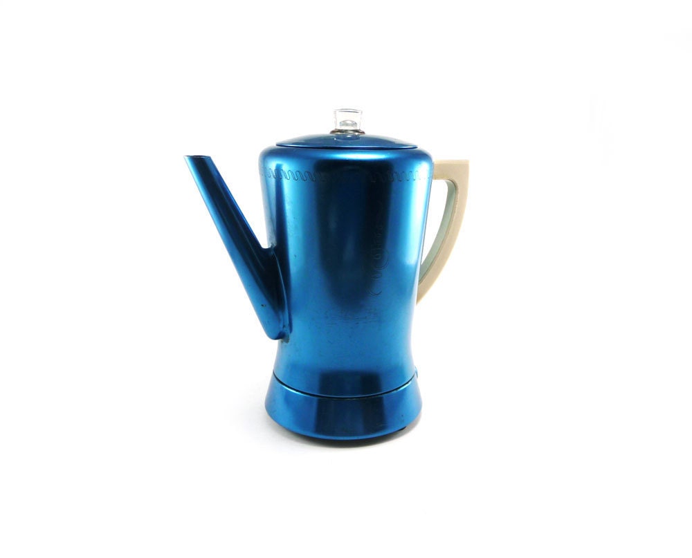 Bright blue West Bend coffee percolator from the 50s