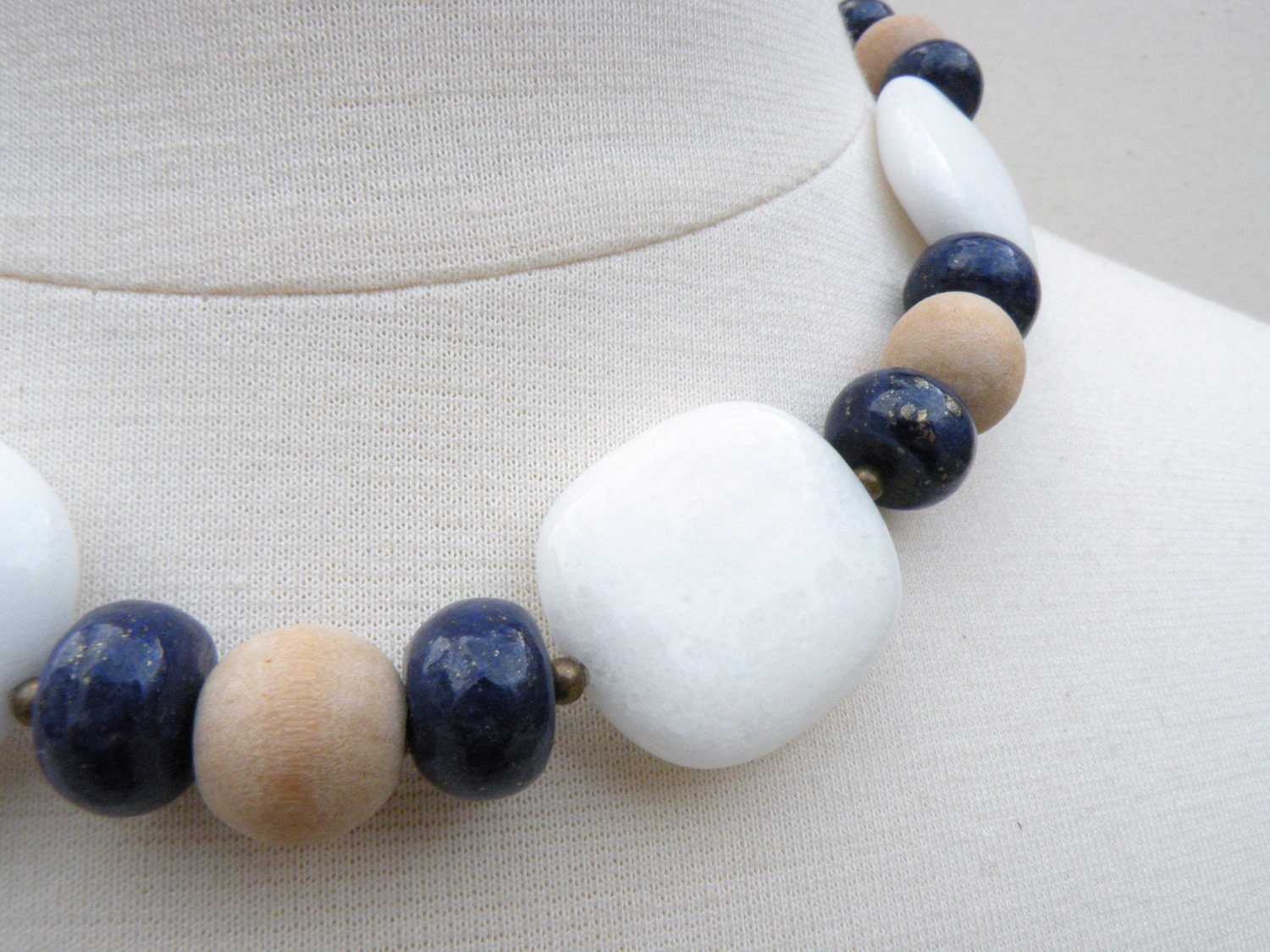 OOAK, Nautical Necklace, AA Blue Lapis, Lazuli, Diamond White Quartz, Natural Wood, Adjustable, Antiqued Brass