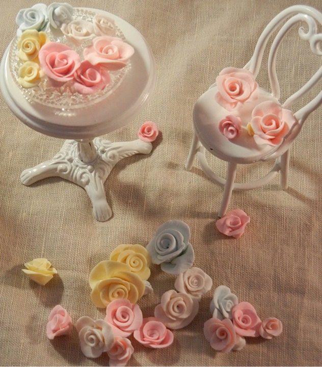 Dollhouse Miniature - Shabby Chic Pink, Blue, Yellow and Ivory Hand Made Roses - 1/12th scale
