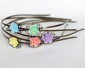 Cherry Blossom Flower Headband Antique Brass Filigree-  Light Blue, Yellow, Mint Green, Coral Pink or Lilac Violet
