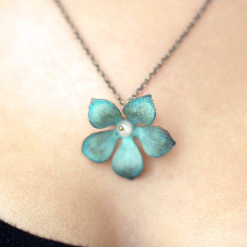 Verdigris and Pearl Flower Blue Green Patina Brass Necklace