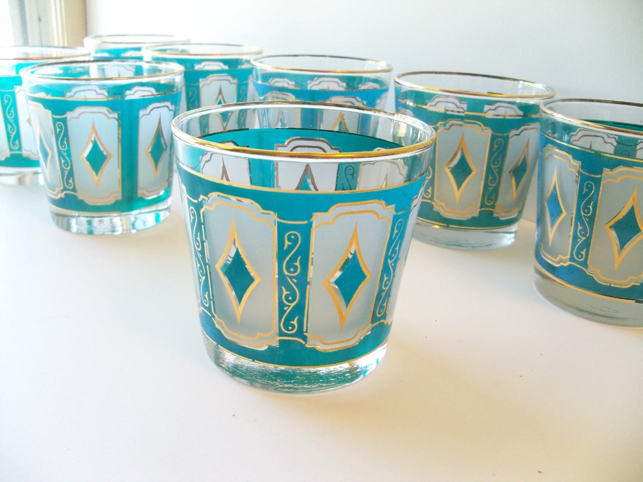 8 Barware Tumblers Gold RiM Aqua Color Mid Century Design  Vintage Estate