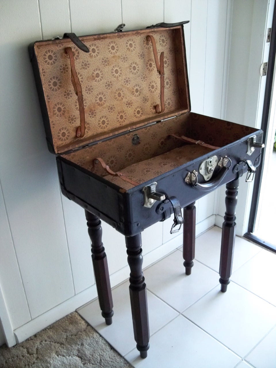 Vintage Samsonhyde Suitcase Table Distressed Aged Leather Upcycled and ReNeWeD with Antique Spindle Legs SHWAYDER Trunk Mfg Company