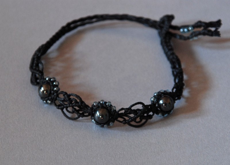 SALE Hematite Handwoven Flower Bracelet