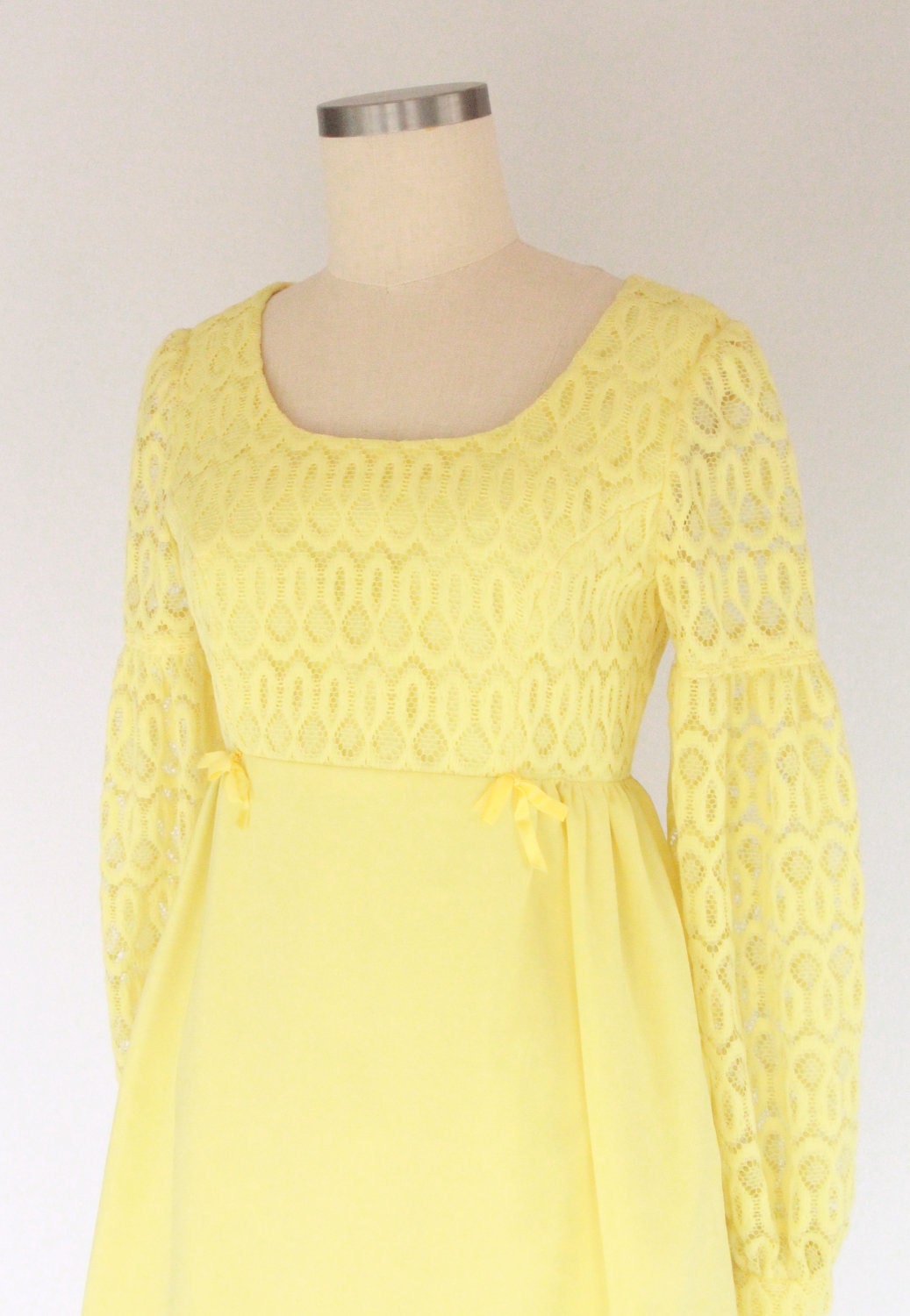 1960s Sunshine Yellow Mini Long Sleeve Lace Dress / Small