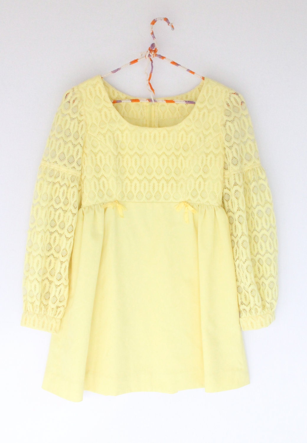 1960s Sunshine Yellow Mini Long Sleeve Lace Dress / Small