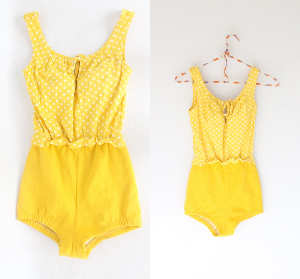 1960s Yellow Polka Dot Onepiece Bathing Suit / Small - Medium