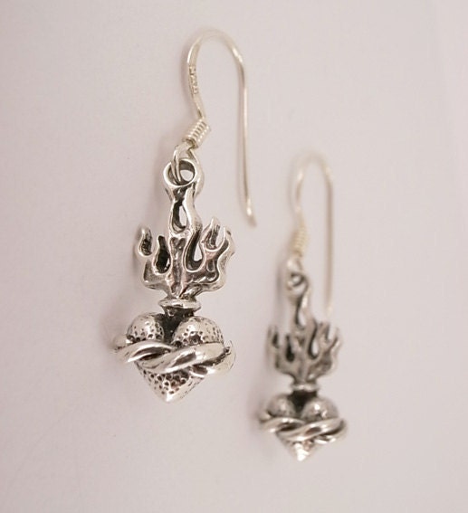 Sterling Silver Tiny Sacred Heart Hook Earrings