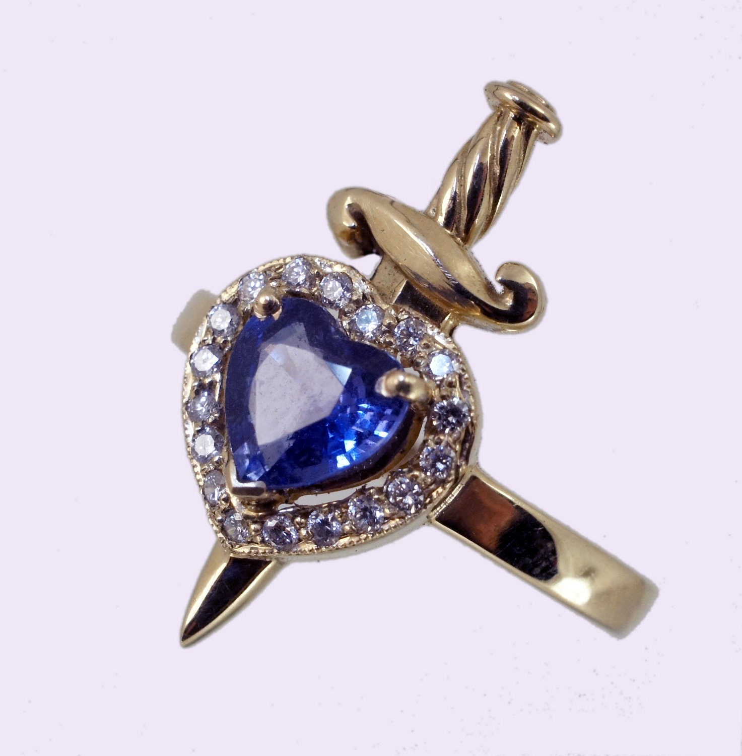 Solid 9ct Yellow Gold Heart and Dagger Ring with Sapphire and White Diamonds