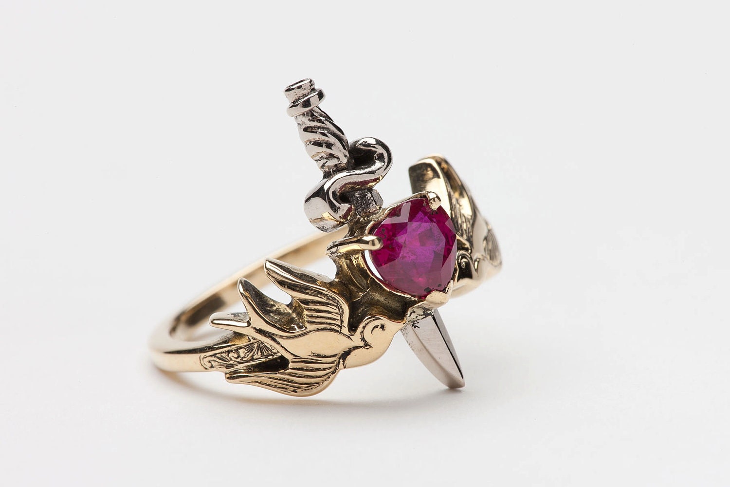 18ct Yellow and White Gold Ruby Heart Ring with Dagger with Swallows