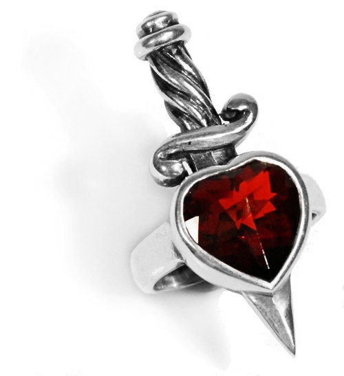Sterling Silver 15mm Heart Stone with Dagger Ring