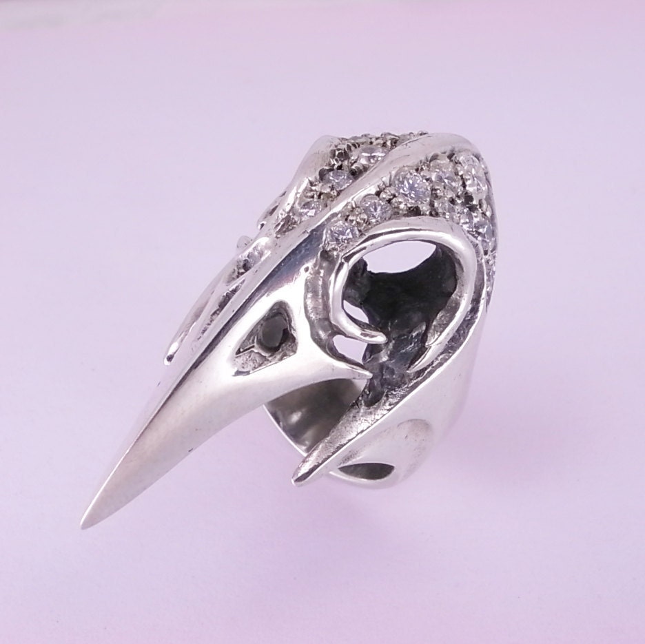 Sterling Silver Bird Skull Ring with Pave Set Cubic Zirconia's