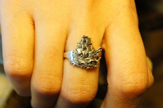Small Sterling Silver Florentine Ship Ring
