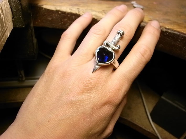 Sterling Silver 15mm Heart Stone with Dagger Ring