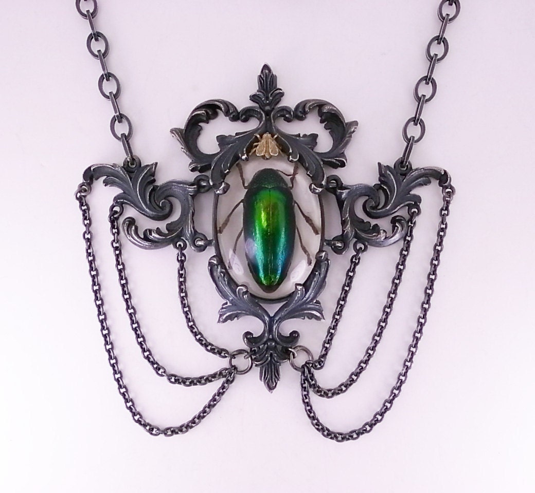 Beetle in Resin and Oxidised Sterling Silver Baroque Neck Piece