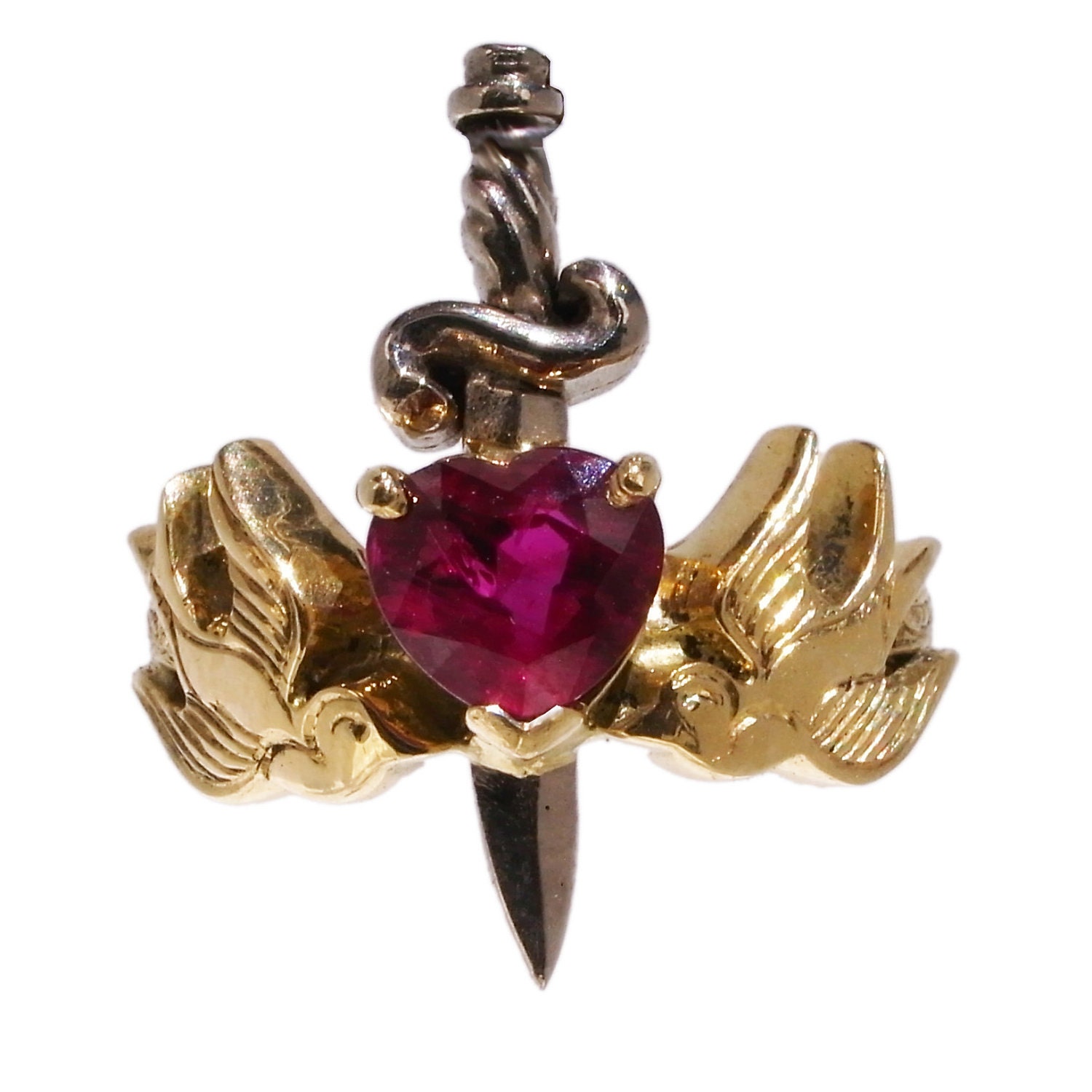 18ct Yellow and White Gold Ruby Heart and Dagger with Swallows Ring