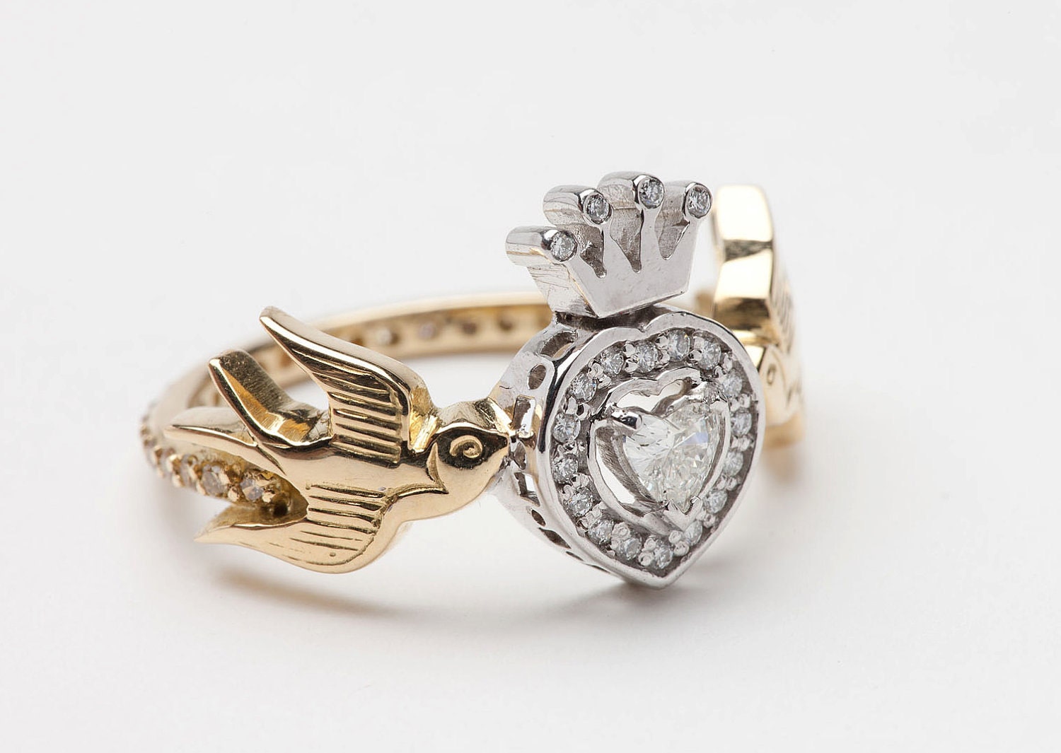 18ct Yellow and White Gold and Diamonds Swallows Heart and Crown Ring