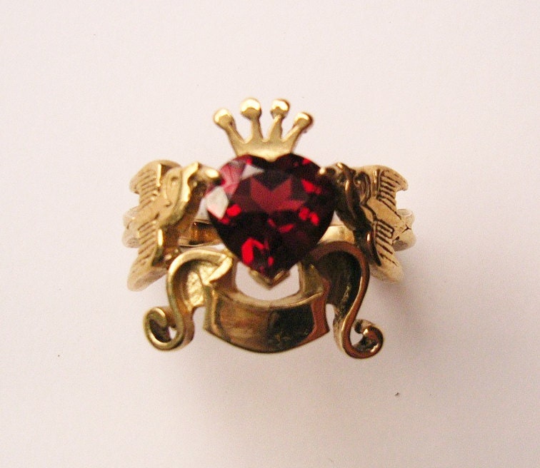 Swallows, Banner, Crown and Heart Shaped Garnet Stone Ring in 9ct Yellow Gold