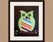 Retro Owl picture nursery art. 8x10 print for baby. Modern retro decor artwork owls in tree theme for child kids boys girls room