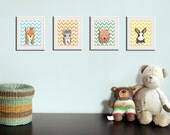 Woodland nursery art print. 4 chevron prints of forest friends critters 5x7. Fox, bear cub, rabbit, squirrel pictures baby & kids playroom