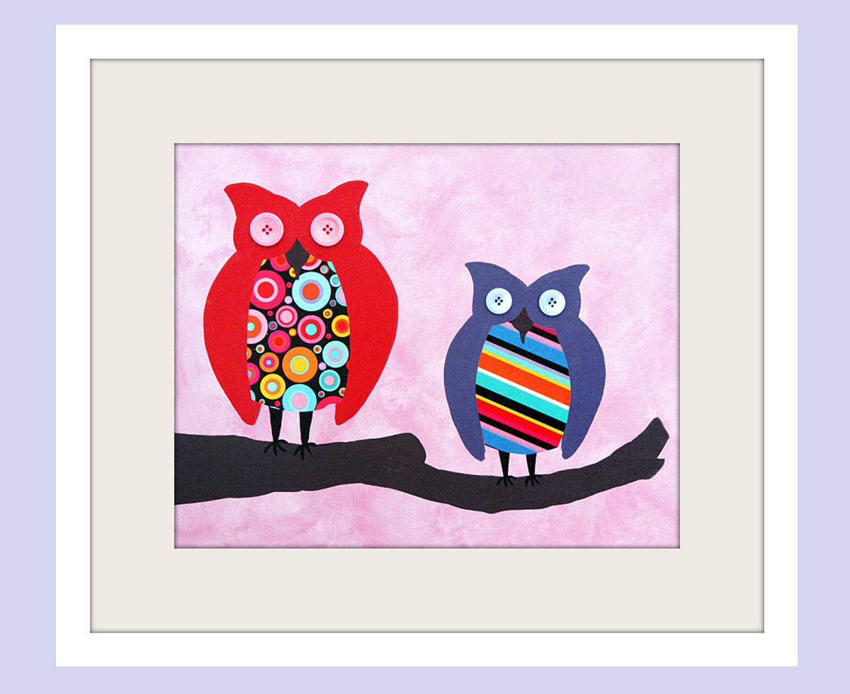 Owl nursery art prints children baby artwork. 8x10 print. Funky pink & red with retro dots owls in tree. Owl nursery wall art by WallFry