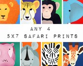 Safari nursery prints for baby & child. Any 4 5x7 modern prints of jungle zoo animals theme for kids rooms and playrooms