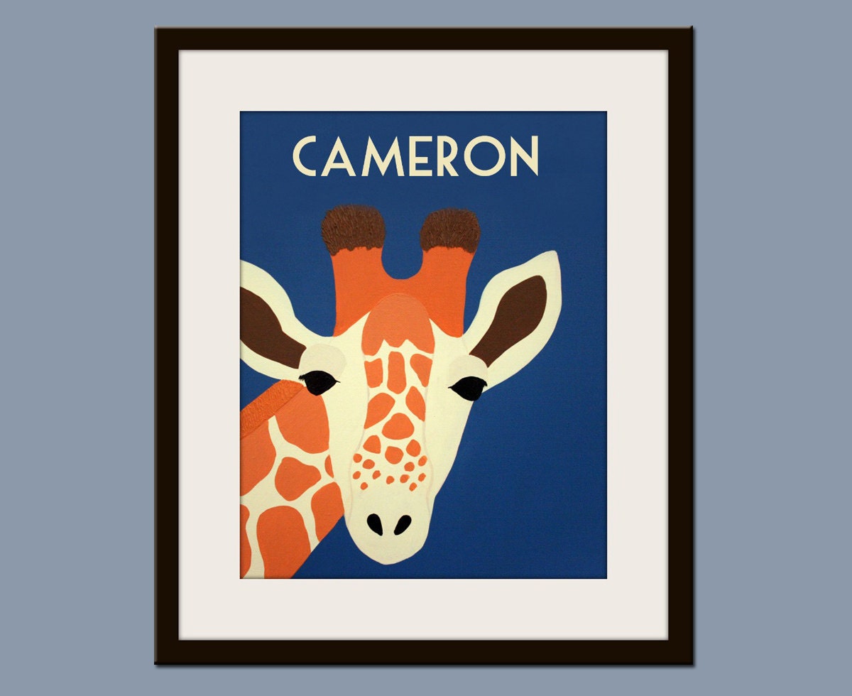 Personalized children art Giraffe Print baby nursery art. 8x10 safari artwork, jungle art, animal for kids rooms in blue and orange