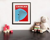 Personalized Elephant Print baby nursery art. 8x10 safari artwork, jungle art, child zoo decor animal for kids rooms in blue and red