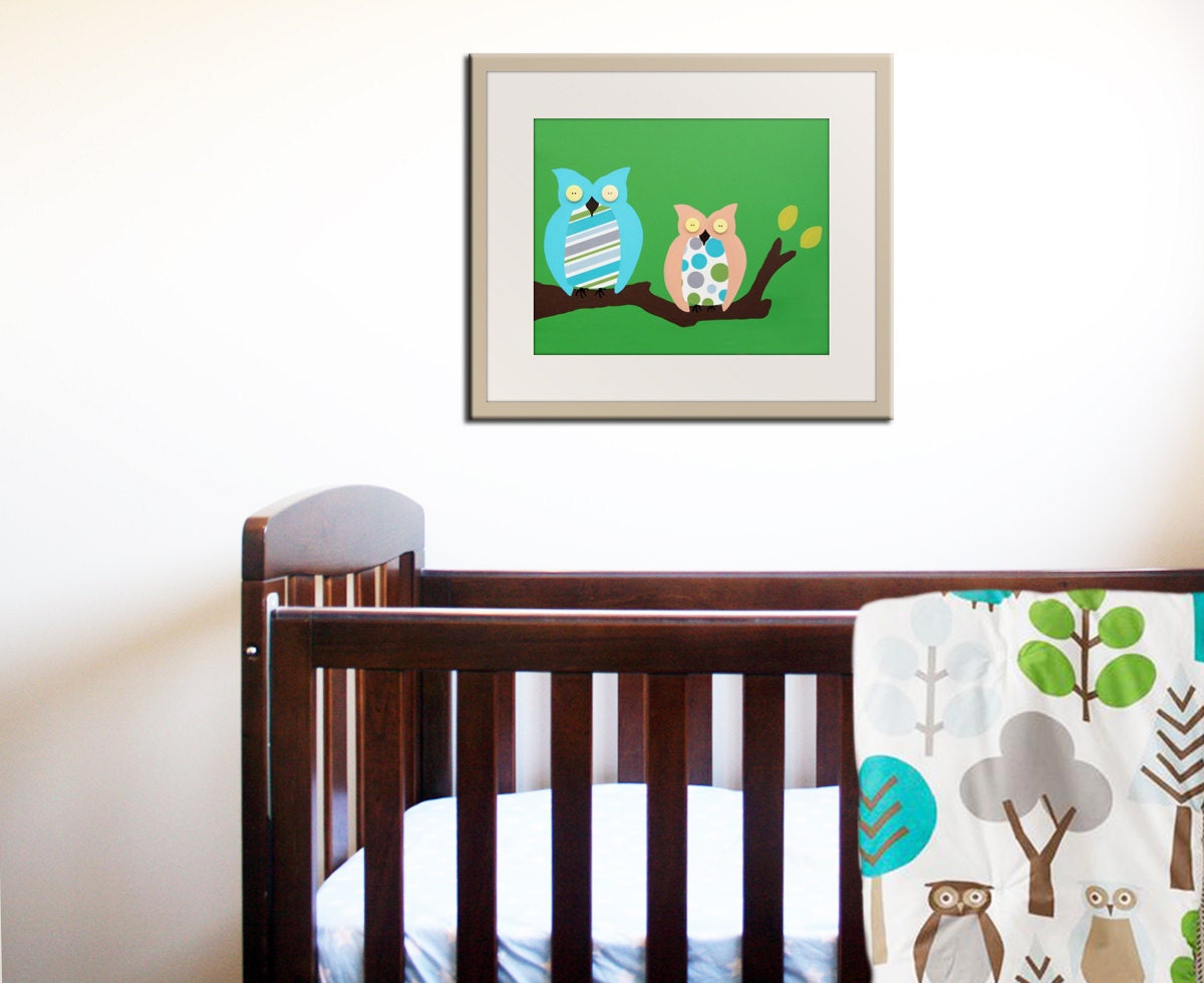 Owl print baby nursery decor. Modern nursery art print, owl art for children, kids art, Owl art print, lime green, turquoise .11x14 print