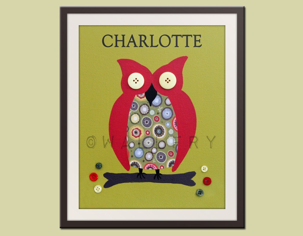 Personalized Children Owl print nursery art. 11x14 print Kids wall art. Name Custom baby print. Owl print for nursery decor by WallFry