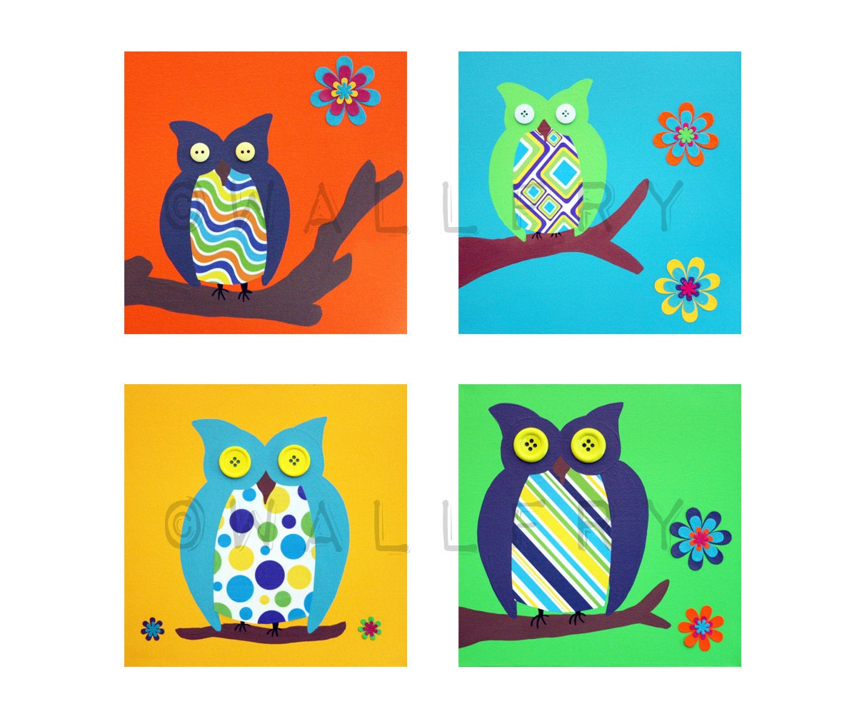Owl prints colorful baby nursery wall art for children. 4 - 8x8 bright owl nursery art prints for kids wall art owl nursery art by WallFry